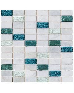 White/Turquoise Glass and White Marble Brick Mosaic 12x12 | Mix Mosaic by Bati Orient